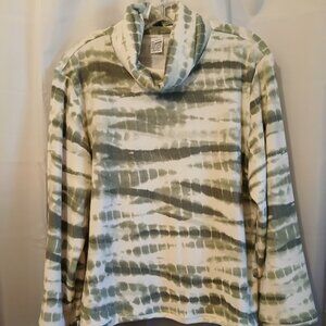 Nwt Cowl Neck Tie Dye T-shirt PL Army green white Long Sleeve Soft TerryKnit Top